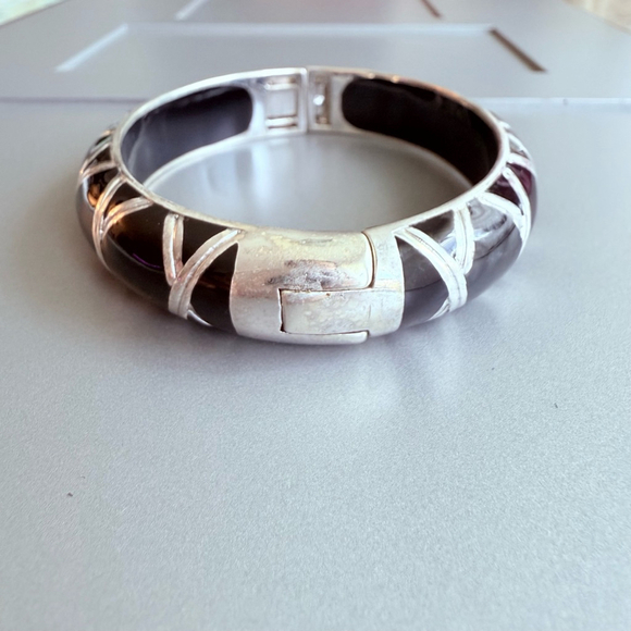 Angelique de Paris Black & 925 Sterling Silver "X" Hinged Bangle 13mm Bracelet - Picture 7 of 9
